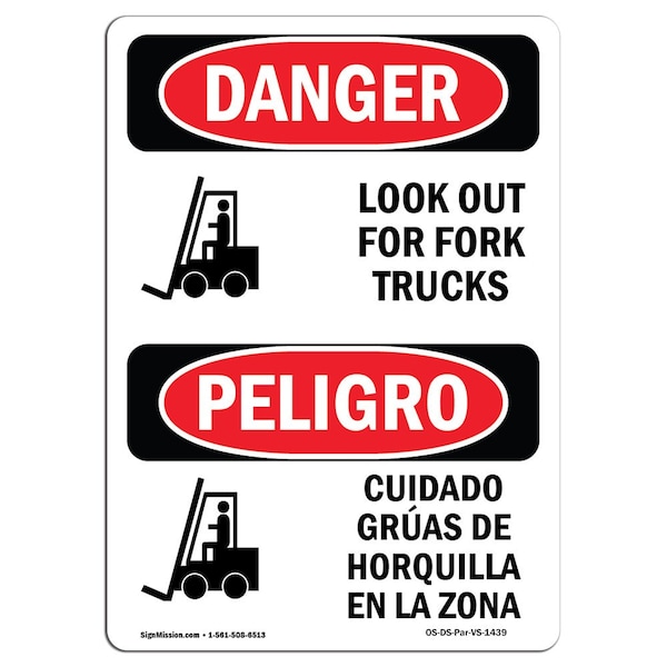 Safety Sign, OSHA Danger, 5" Height, Look Out For Fork Trucks Bilingual Spanish, 10PK